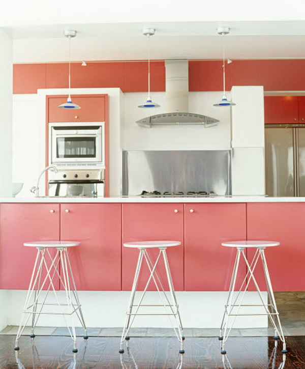 Soft Pink Painted Kitchen Cabinets. 