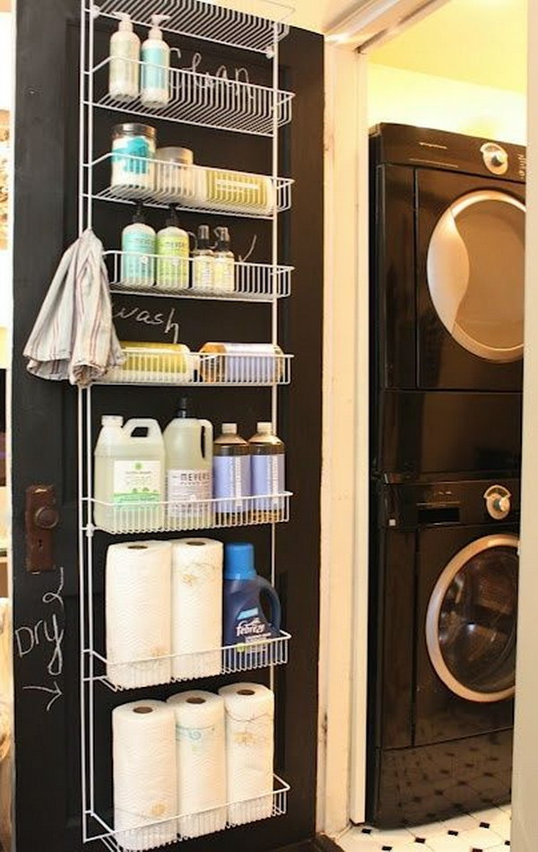 Use A Spice Rack Type Storage Shelf On A Door for Cleaning Products. 