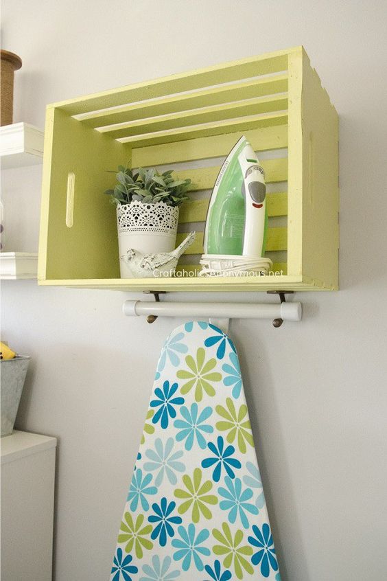 DIY Ironing Board Station Using a Wood Crate. 