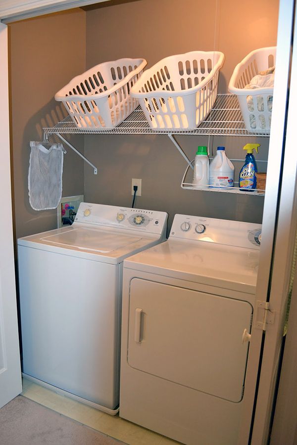 Add Tilted Shelving Above The Washer And Dryer. 