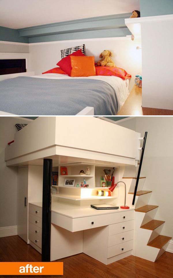 Lofted Bed With Stairs And Desk And Storage Below