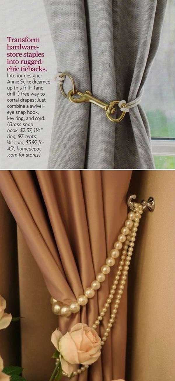 Use simple brass hardware or string pearls as curtain tie-backs. 