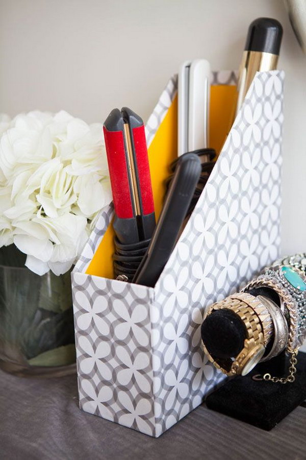 Use Magazine Holders To Keep Hair Utensils Organized 