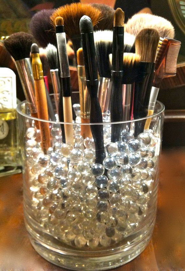 Glass Jar And Clear Iridescent Beads Brushes Organizer  