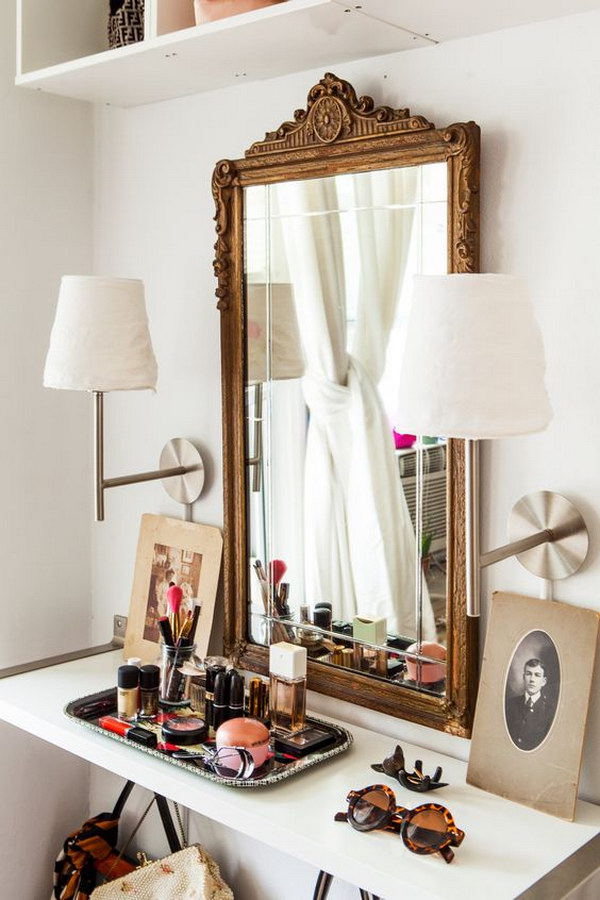 Closet Vanity With A Floating Shelf And Oversized Gold Mirror 