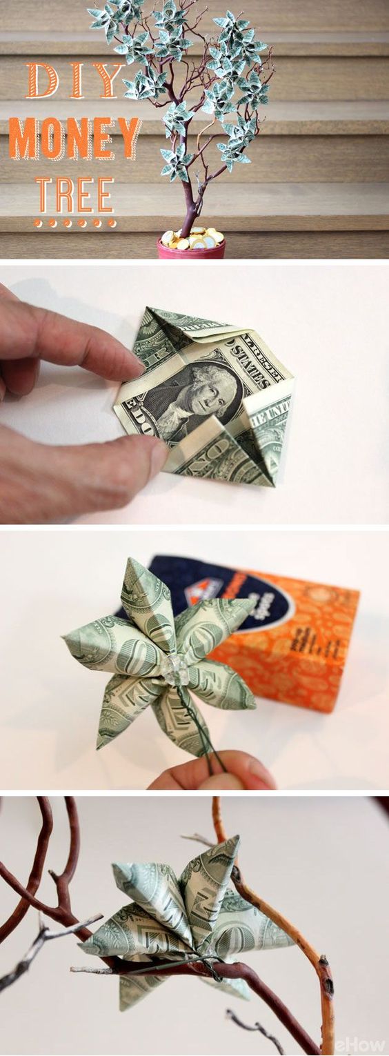 Money Tree Decorated With Dollar Bills Folded Into Floral Shapes. 