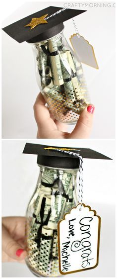 Graduation Glass Bottle Filled With Tiny Money Diplomas. 