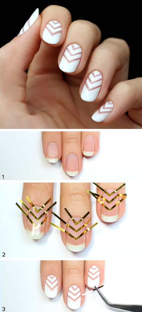 Use Striping Tape To Create A White Chevron Negative Space Nail Art. 