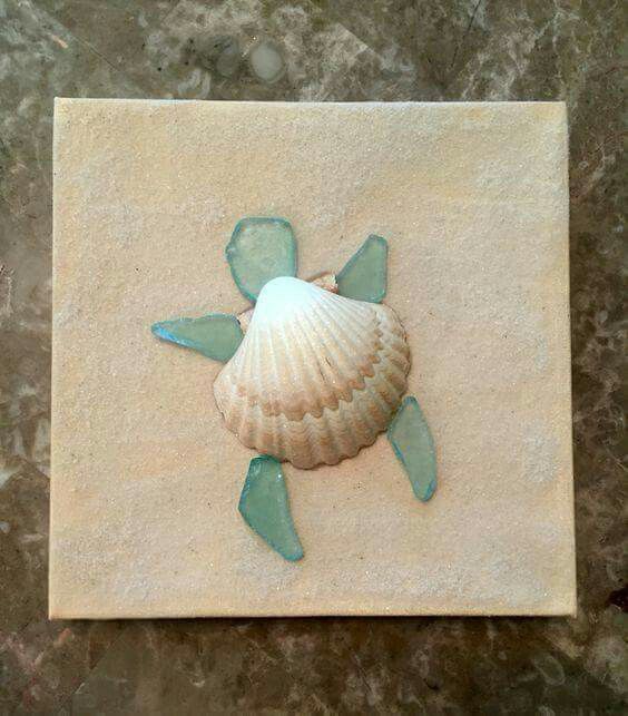 Easy DIY Sea Turtle Made From Shell And Sea Glass. 