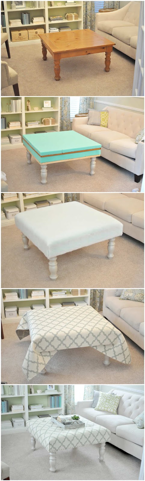 DIY Upholstered Ottoman Made From Old Coffee Table. 