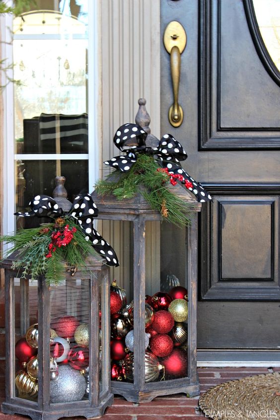 Outdoor Lantern Filled With Ornaments For Porch Decoration. 