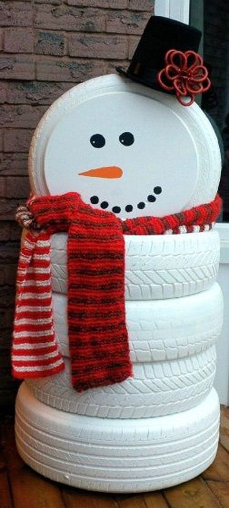 White Painted Tire Snowman For Porch Decoration. 