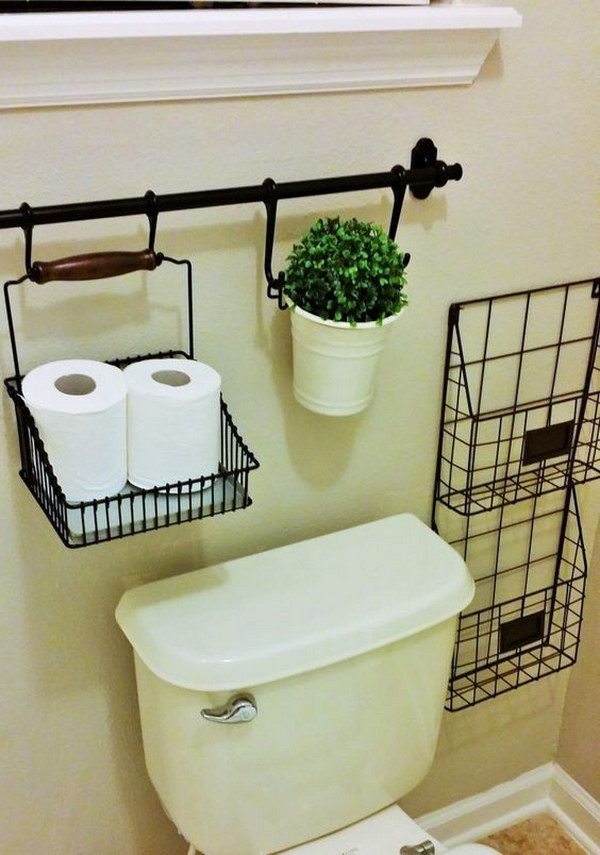 Use Curtain Rods For Over The Toilet Storage. 