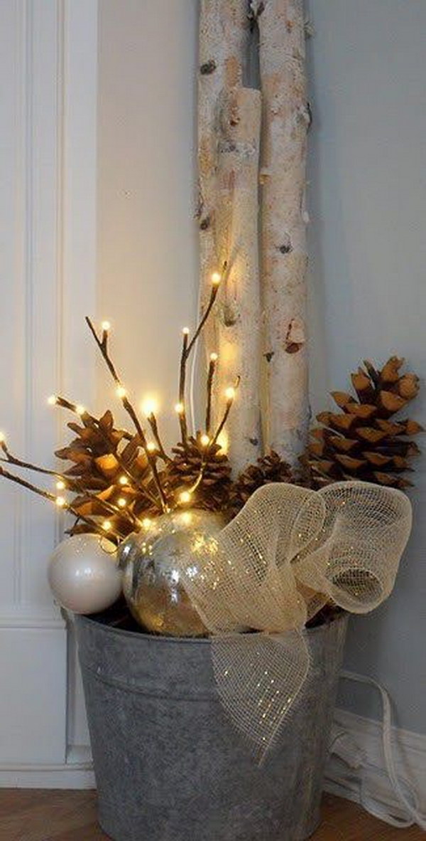 Bucket with Christmas Ornaments, Sticks, Burlap Ribbon and Pinecones 