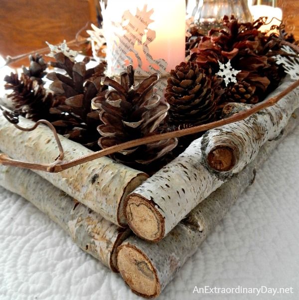 Birch,Pine Cones and Book Pages Winter Woodland Tablescape 