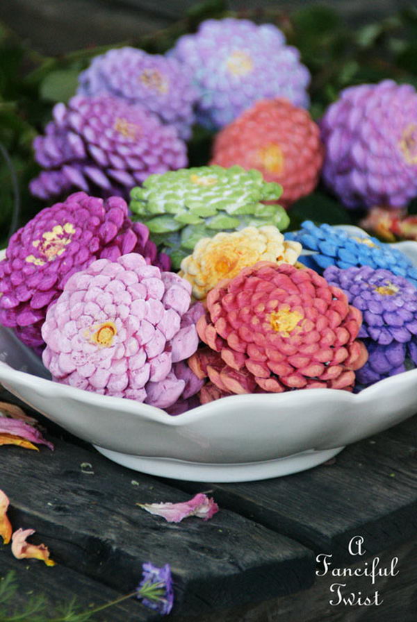 Painted Pine Cones Like Flowers. 