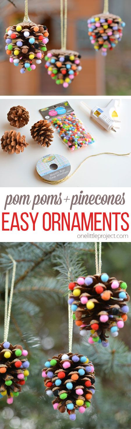 Easy Christmas Ornaments Made Out Of Pom Poms And Pinecones. 