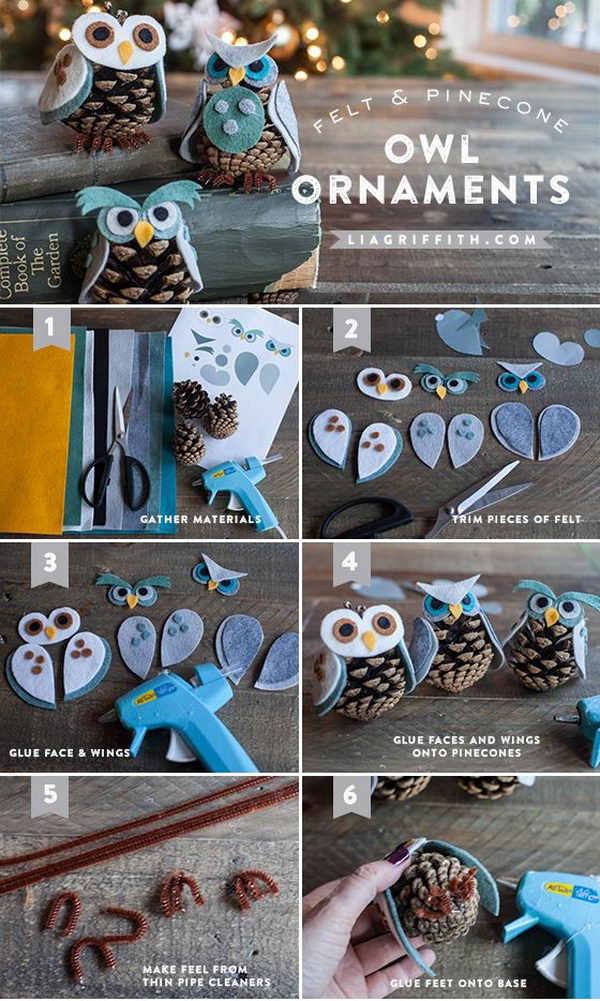 Felt & Pinecone Owl Ornaments. 