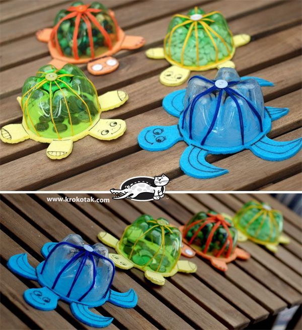 Plastic Bottle Turtle Shell Craft. With only a few easy-to-find materials, the kids can transform an old plastic bottle into fun turtle banks that's great for pool parties and bath time! Video tutorial via