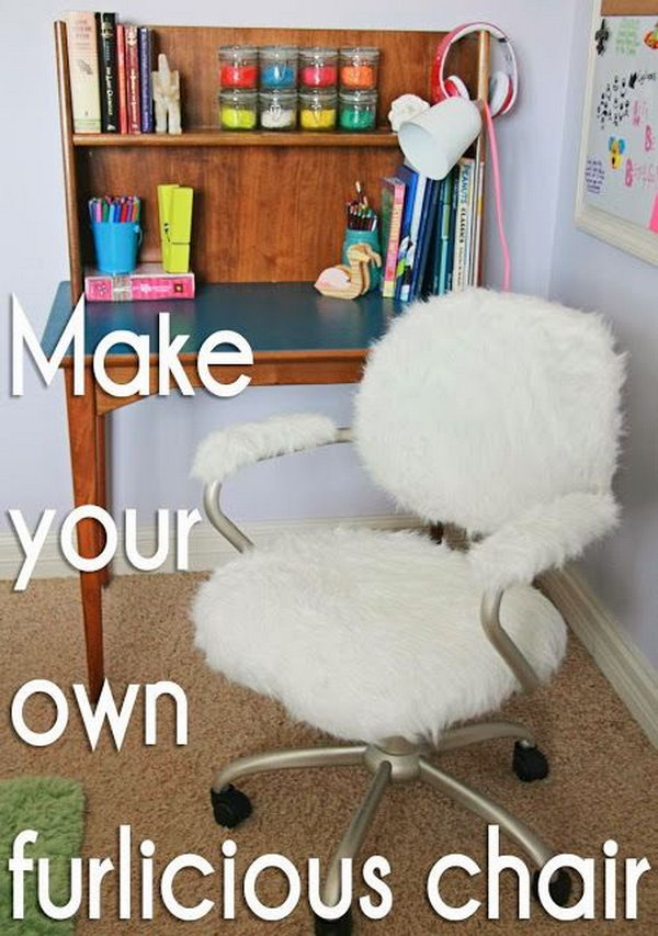 Pottery Barn Inspired Furry Desk Chair. Every girl must have a pair of ghost chairs with fur seat covers in her home office.