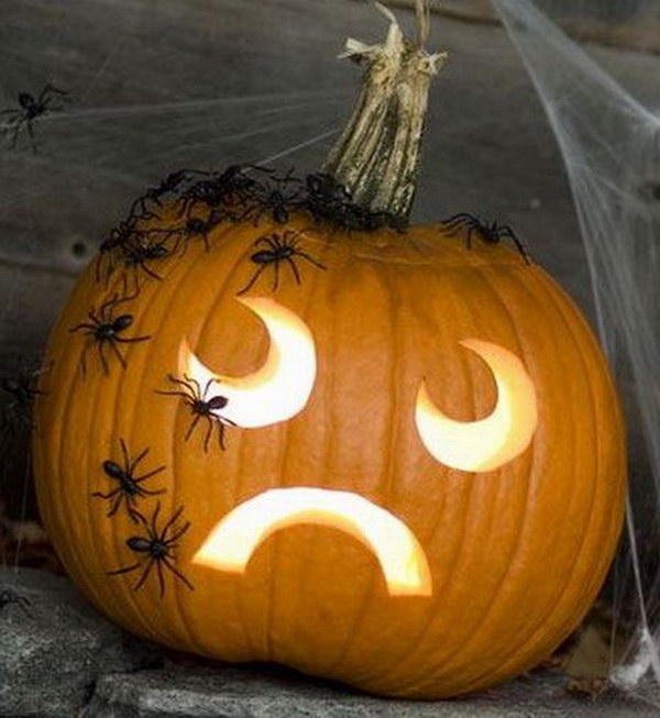 Simple Face Carved Pumpkin Decorated with Scary Spiders. 