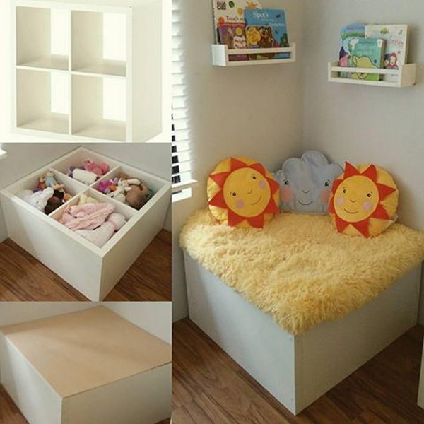 Reading Nook and Toy Storage Made with Kallax 4 x 2 cube and Ikea Spice Racks