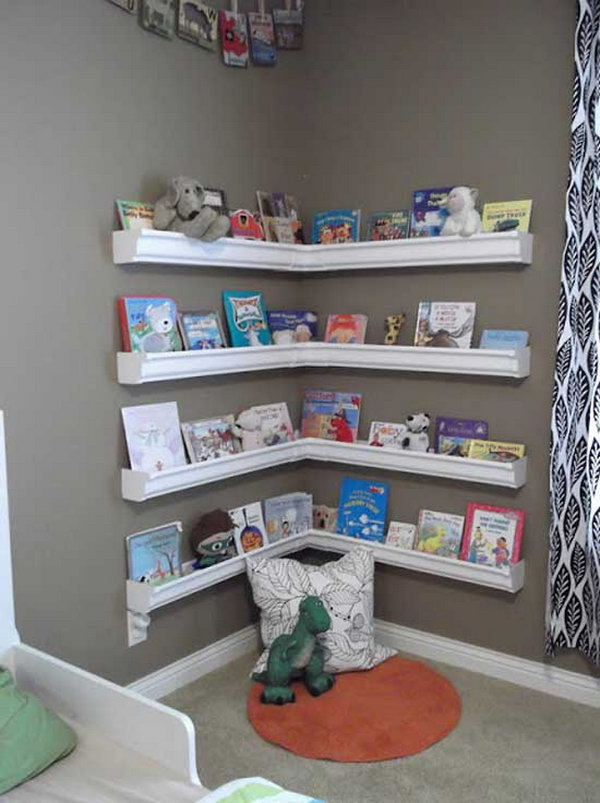 Reading Nook with L Shaped Plastic Rain Gutter Shelves for Book Display