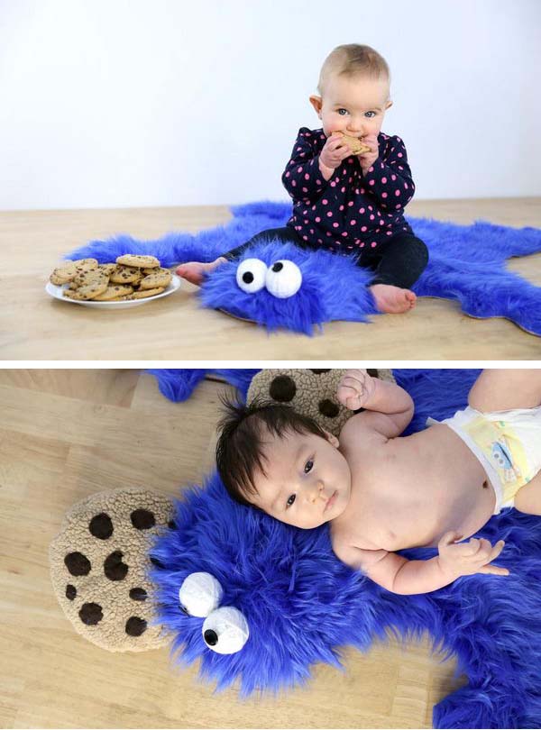 Easy DIY Cookie Monster Fur Rug With Cookie Pillows. All you need is fake fur and other stuff easy to find at home.  