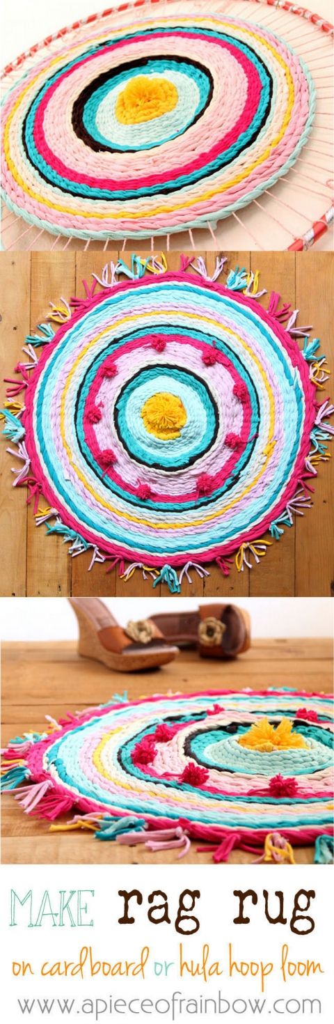 DIY Rag Rug Made With Old T-Shirts and Hula Hoop. 