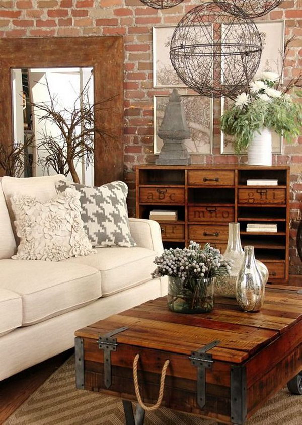Add A Rustic Touch To Your Living Room With Wooden Table And Shlves. 
