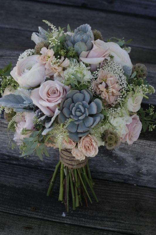 A Shabby Chic Bridal Bouquet Featuring Succulents, Dusty Pink Roses And Peonies. 