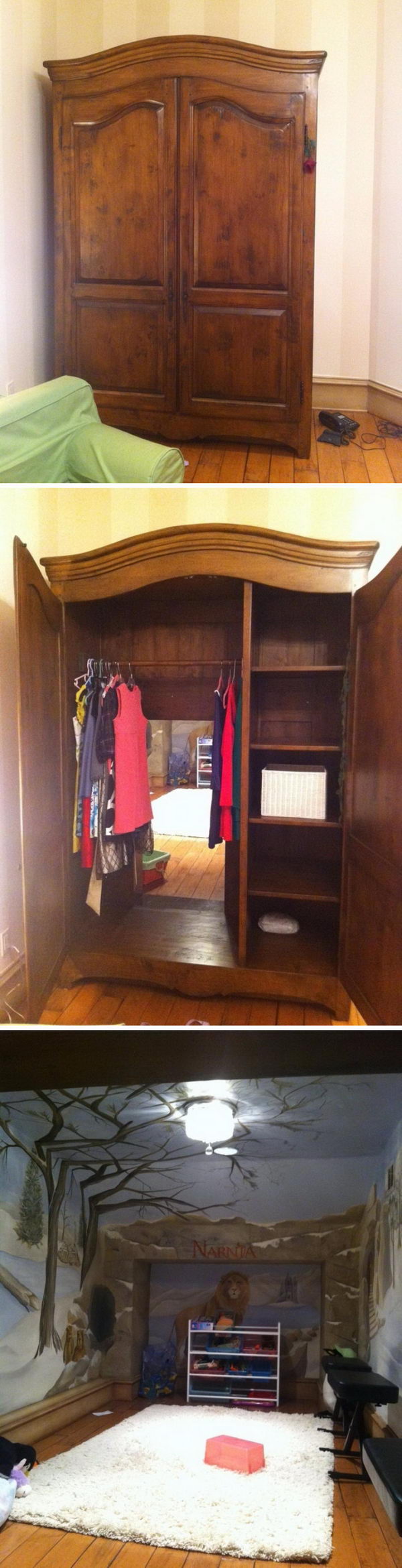 This child’s wardrobe opens up into their own Narnia play room. 