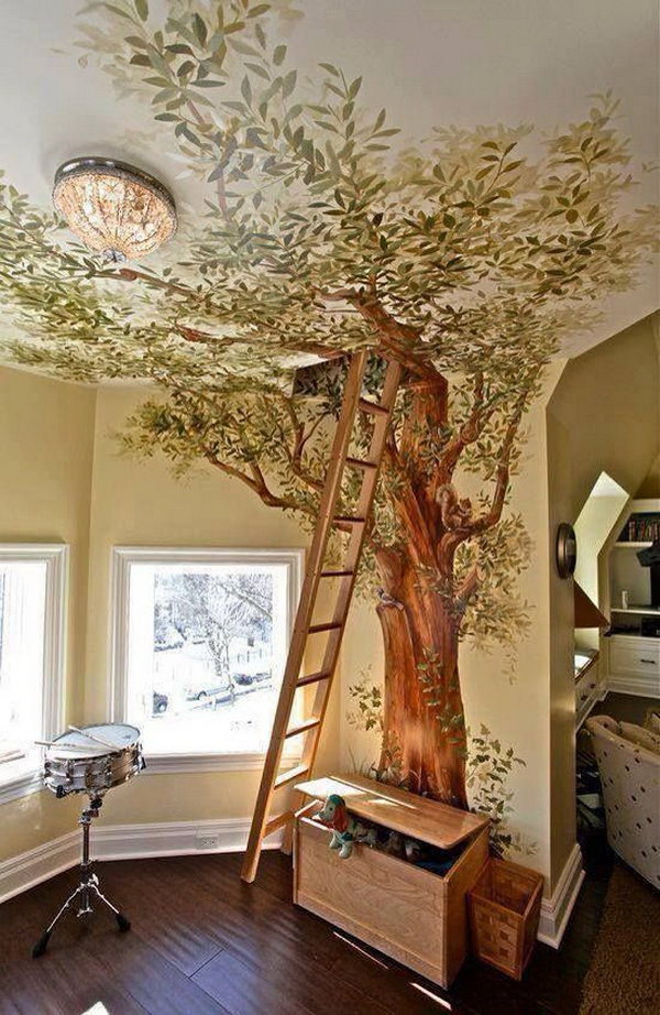 Secret Loft With Tree Painted Up Onto The Ceiling