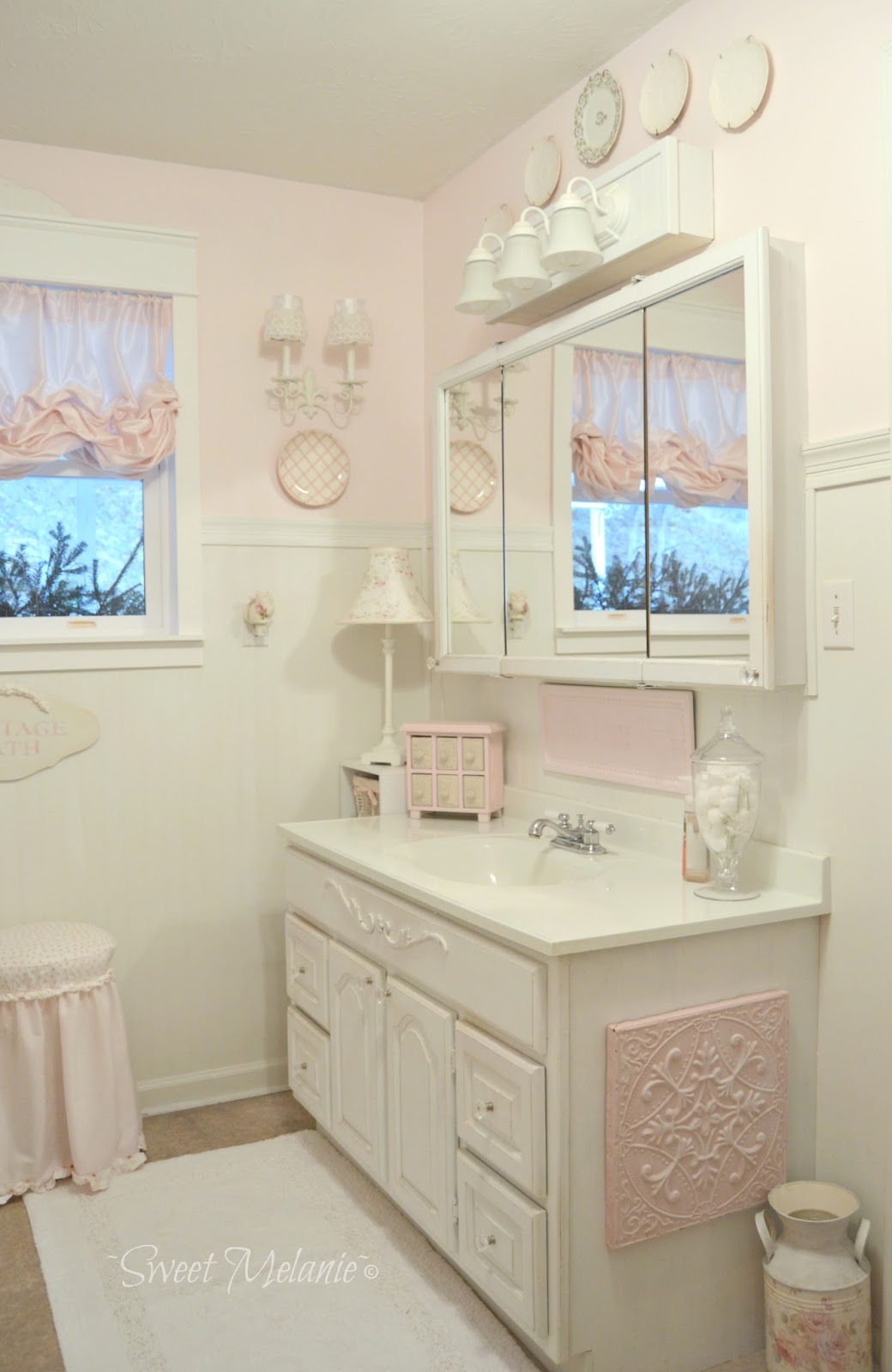 Cottage Chic Bathroom With Ruffles Window Treatments. 