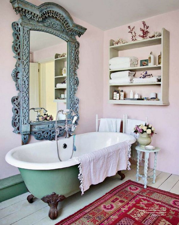 Feminine Pink Shabby Chic Bathroom With Old School Tub And Giant Mirror