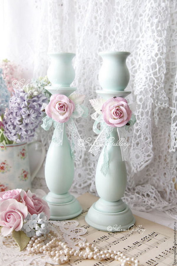 Adorable Shabby Blue Candlesticks. 