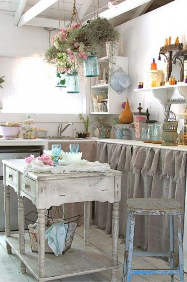 Rustic Shabby Chic Kitchen with Burlap Sink Skirt. 