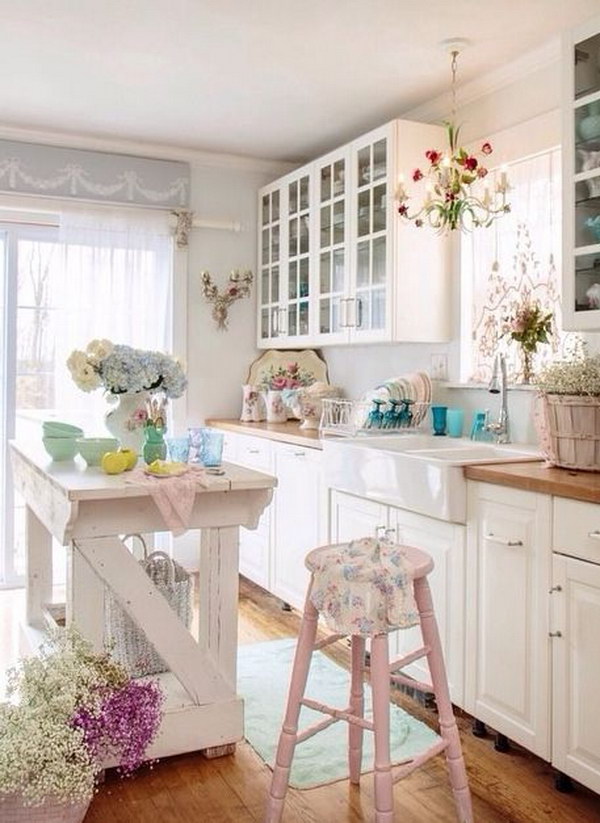Shabby Chic Kitchen Island and Pale Pink Hign Stools. 
