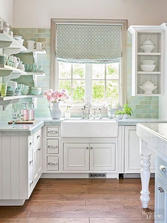 White And Mint Green Shabby Chic Kitchen. 