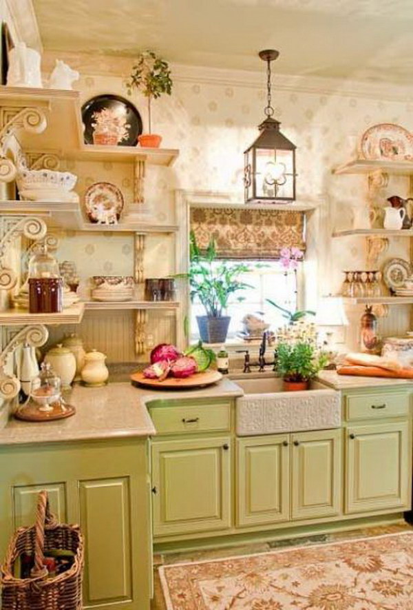 Green Cabinets and Open Shelving with Beautiful Wallpaper. 