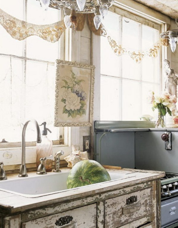 Shabby Chic Kitchen Window Treatment and Sink. 