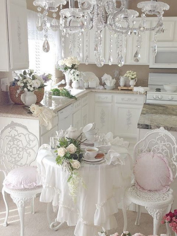 Romantic Shabby Chic Kitchen with Gorgeous Chandelier. 