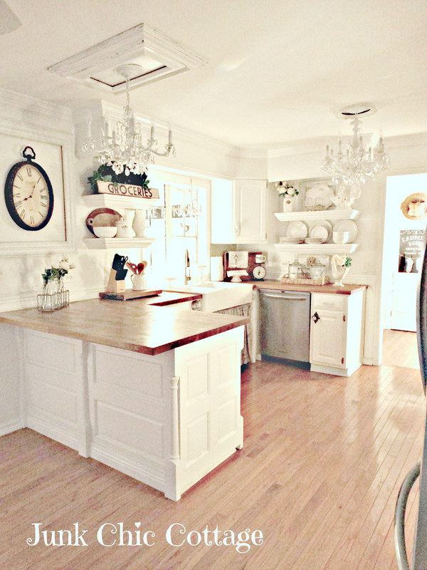 Rustic Chic White Kitchen with Open Shelving. 