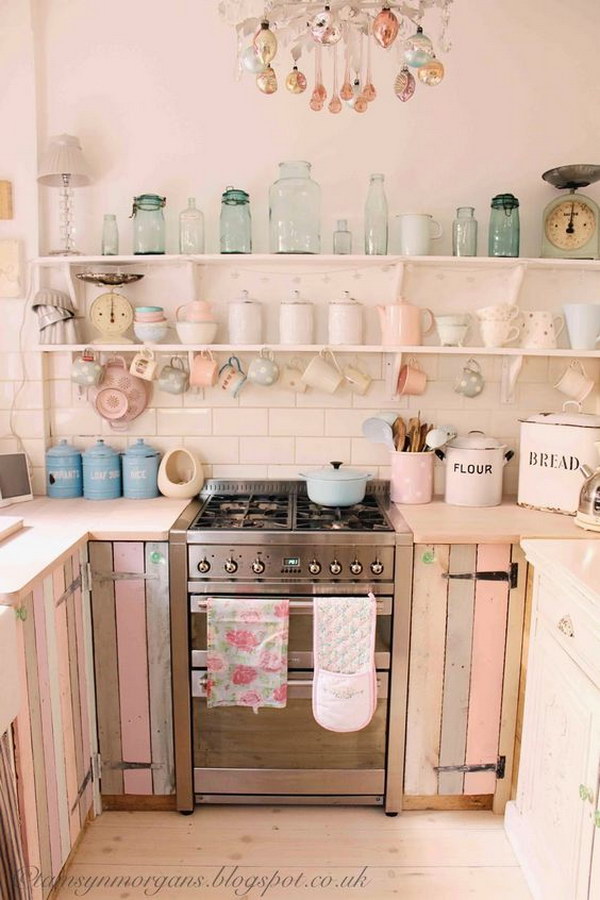 Pastel Pallet Cabinet Doors and Open Shelving. 