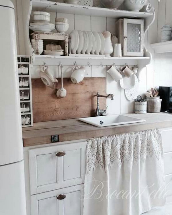 Shabby Chic Kitchen Cabinet with Lovely Curtain Skirt in Two Fabrics. 