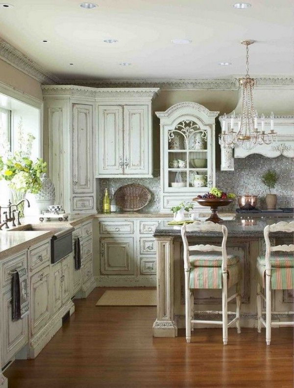 Shabby Chic Kitchen with Vintage Wood Cabinets. 
