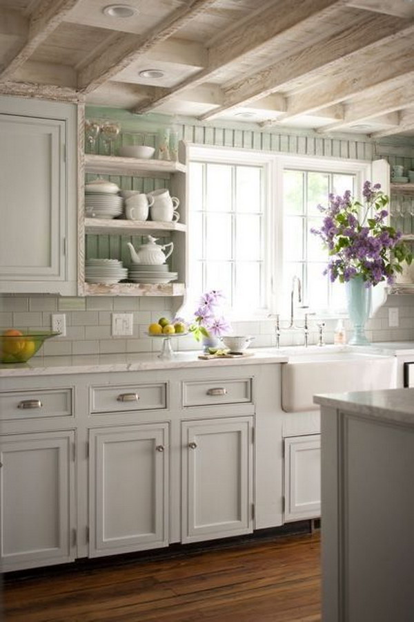 Exposed Beam Ceilings with Soft Color Cabinets 