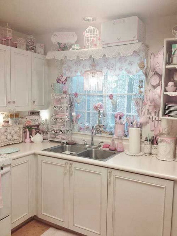 White and Pink Shabby Chic Kitchen with Floral Window Treatment. 
