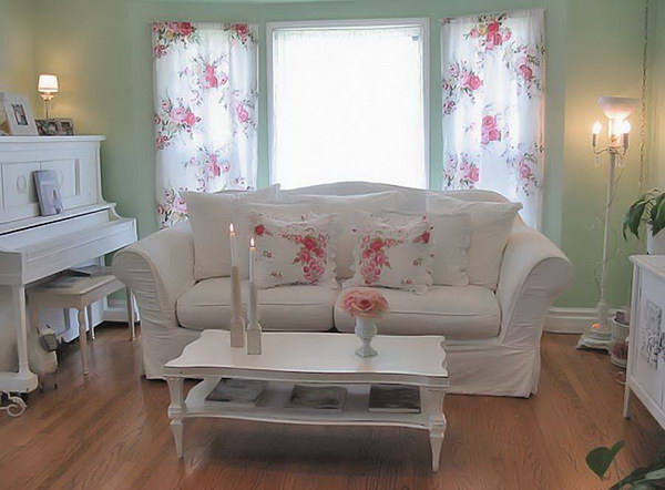Light Green Shabby Chic Living Room Decor with White Furniture and Floral Pattern Curtains 
