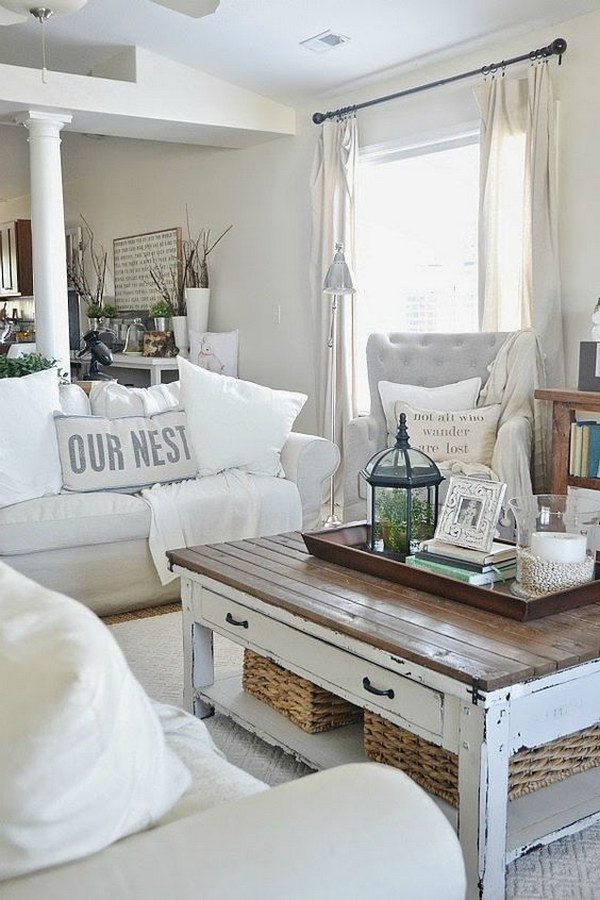 Cute White Shabby Chic Living Room With Rustic Chic Coffee Table 